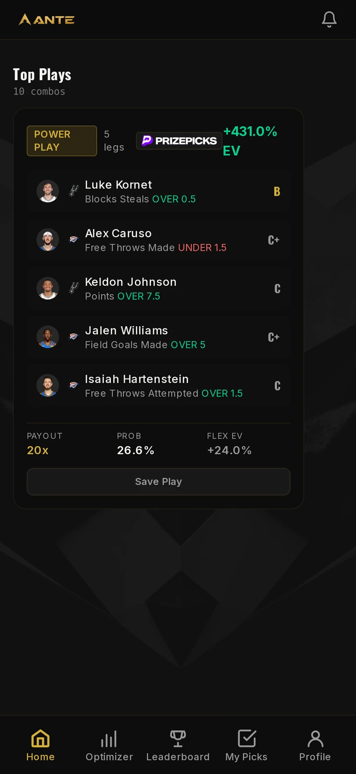 ANTE app, Power Play home with +EV plays in seconds